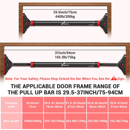 Pull Up Bar for Doorway: Sportneer Strength Training Pull-up Bars without Screw - Adjustable Width Locking Mechanism Chin Up Bar, Thickened Steel Max Limit 440 lbs Upper Body Fitness Pullup Bars for Home (Black-Red)