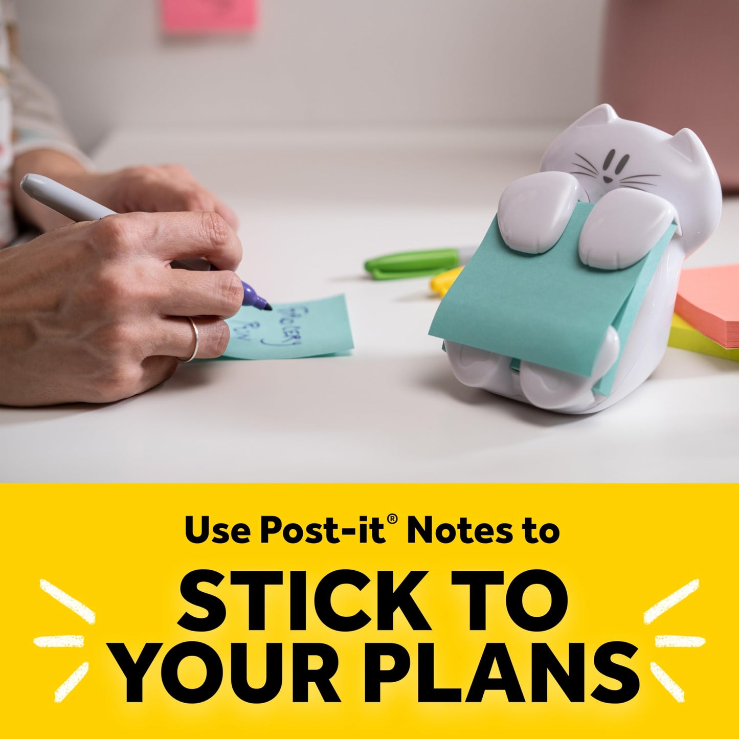 Post-it Dispenser, Sticky Note Holder, White Cat Design, Includes 45 Pop-Up Sheets of 3 in x 3 in Pink, Sticky Notes Holder for Desk, Classroom or Office Supplies