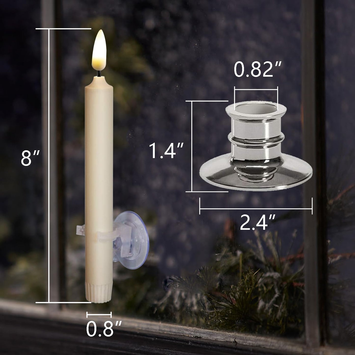 6PACK Flameless Battery Powered 8'' Ivory Taper Windows Candles, Include 12 AA Batteries, with Remote and Timer, with Suction Cup and Removable Silver Candleholders, Remote Included, Patented