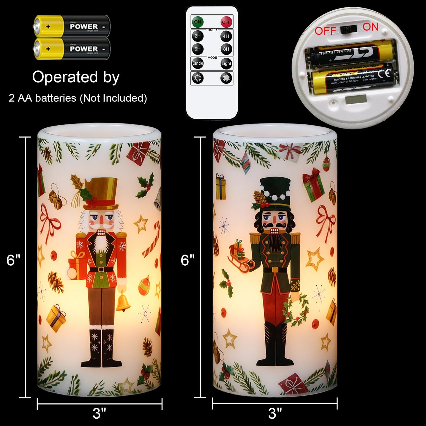 Lasumora Christmas Nutcracker Flameless Pillar Candles with Remote Timer, LED Candles in Real Wax Holder, Battery Operated Candle for Christmas Décor Indoor Xmas Gifts(2 Pack, 3” x 6”)