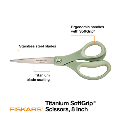 Fiskars SoftGrip Titanium Scissors - Contoured Performance All Purpose - 8" Titanium - Straight Paper Scissors for Office, and Arts and Crafts - 3-Count