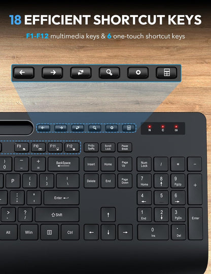 Wireless Keyboard and Mouse Combo, 2.4G Lag-Free Keyboard Set with Ergonomic Wrist Rest, Phone Holder, Silent Keyboard Cordless Set for Computer, Batteries Included, Laptop, PC, Mac, Windows -SABLUTE