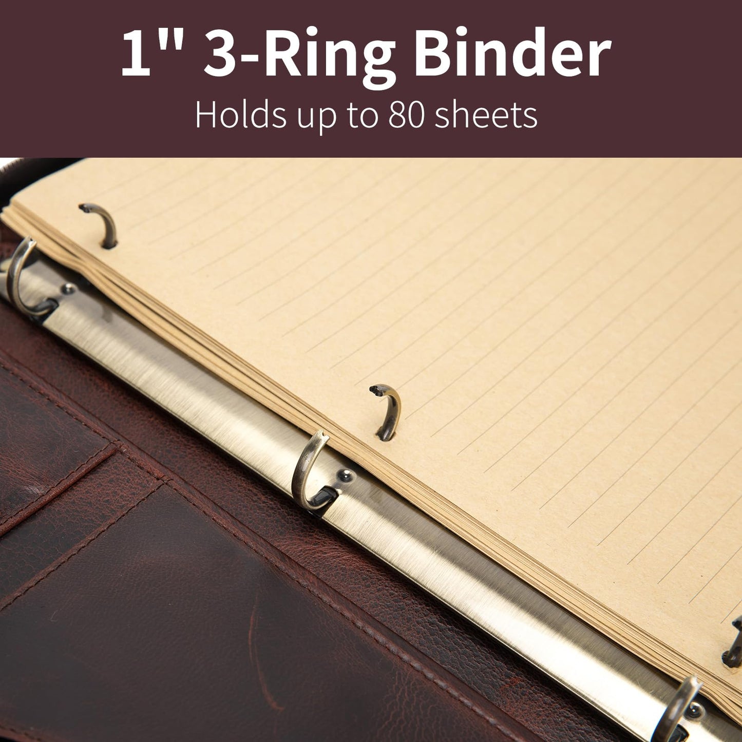 Geslun 3 Ring Binder Genuine Leather Portfolio, Front Pocket, 8.5 x 11 Legal Pad Padfolio for Men and Women, Zippered Notepad Laptop Organizer, Business Executive Work Folio, Dark Brown, Oil Tanned