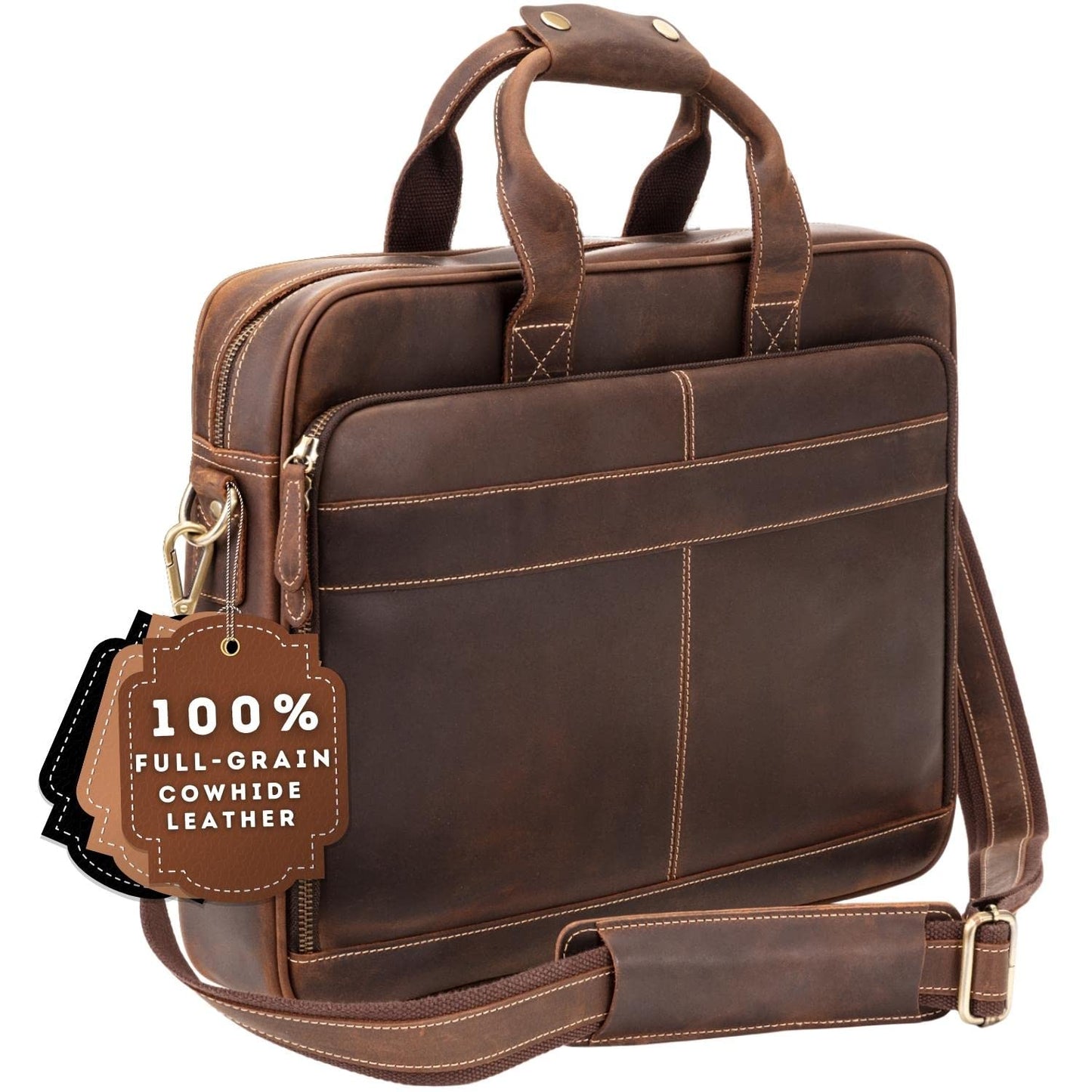 Luxorro Full Grain Leather Briefcase, Handcrafted Laptop Bag with Multiple Compartments, Fits 15.6 Inch Laptop