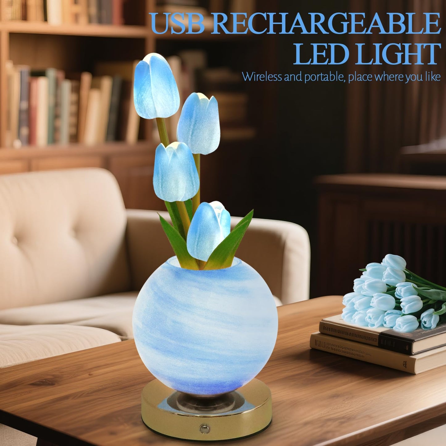 Strackvial Tulip Table Lamp, Rechargeable Cordless Touch Dimming Artificial Tulip Flower Desk Lamp, LED Flower Bedside Night Light Romantic Gifts for Girl Women Mom (Blue)