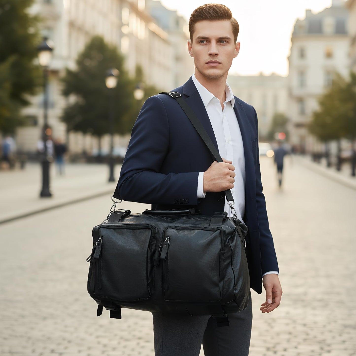 Leather Duffle Bag for Travel, Waterproof Overnight Weekend Gym Carry On Bag with Shoe Compartment for Men Women Black