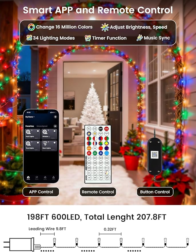 Smart Color Changing Christmas Lights with Remote & APP,208FT 600 LED RGB Dimmable Christmas String Lights, Waterproof Fairy Twinkle Light for Indoor Outdoor Xmas Tree Wedding Holiday Decorations