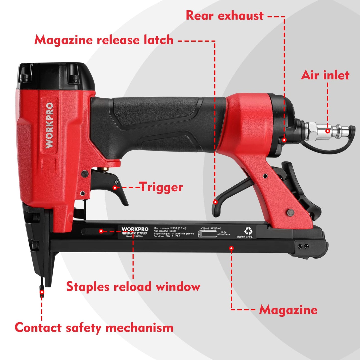 WORKPRO 7116 Pneumatic Staple Gun, 22 Gauge Upholstery Stapler with 1884pcs Staples 1/4" to 5/8", Air-Powered, Rear Exhaust, for Carpentry, Woodworking and DIY Projects