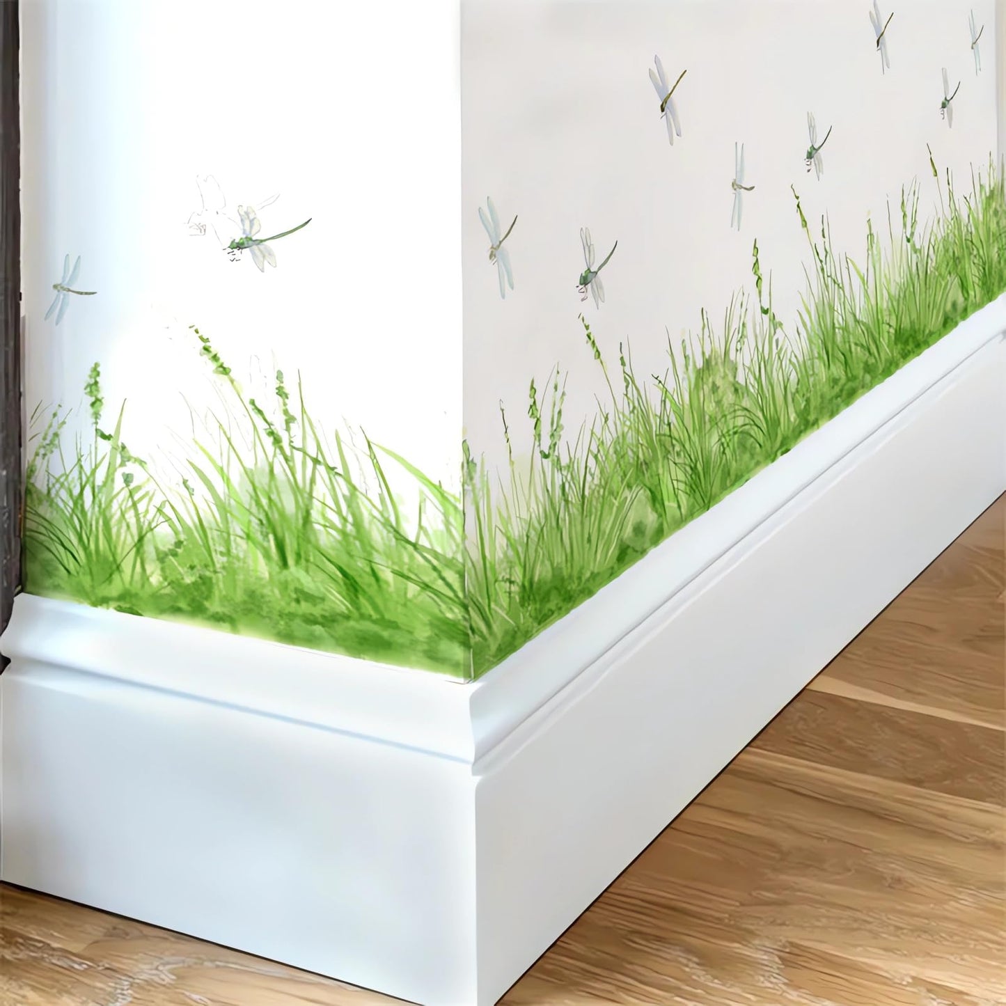 sacinora Fresh Green Grass Dragonfly Wall Stickers, Nature Green Plants Wall Decals Removable Vinyl Peel and Stick Baseboard Border Kitchen Bedroom Living Room Art Home Decor