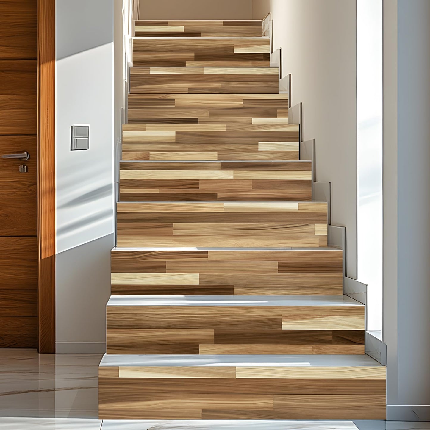PLIGREAT 15 Strips Brown Wood Pattern Stair Decals Peel and Stick Stairs Riser Stickers Lifelike Style Murals Decor for Steps 7.1"x39" Self-Adhesive Stair Riser Decals for Home Hotel Decor