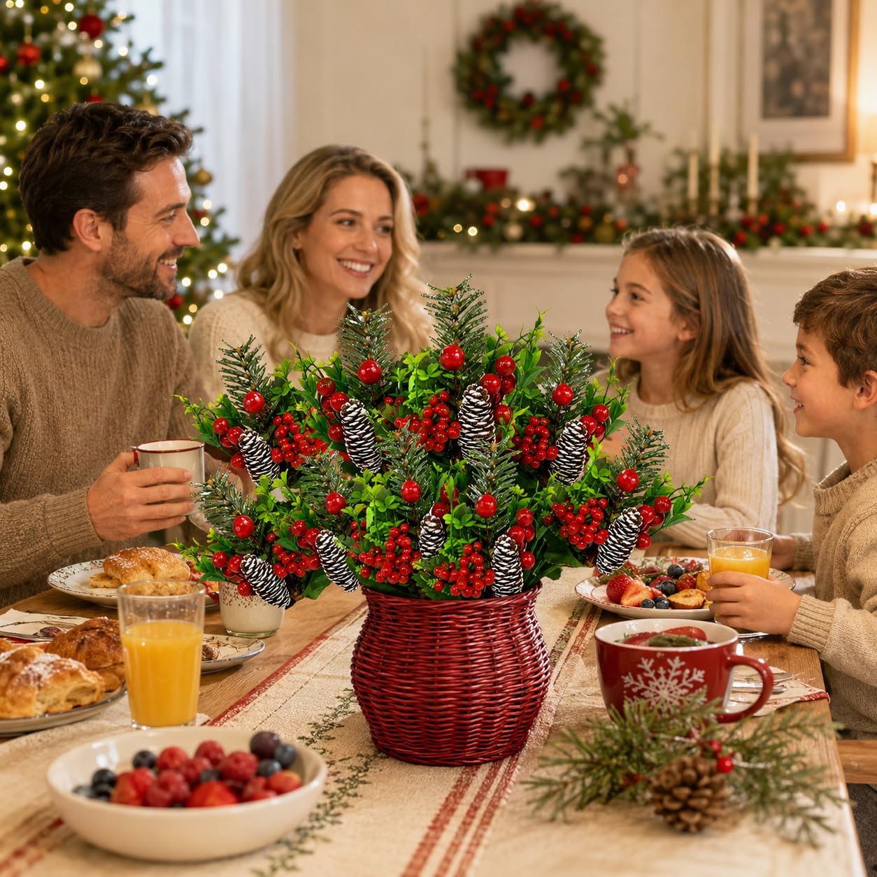 Christmas Floral Picks Set of 10, Snow Tipped Pinecone Greenery Picks with Red Berries, 9 Inch Bendable Stems - Wreaths Garland Christmas Tree Centerpieces Floral Arrangements & Crafts