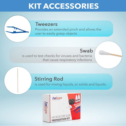 AmScope Microscope Slide Preparation Kit - Includes Blank Microscope Slides, Eosin Red & Methylene Blue Stain Powders, Tweezers, Swab & More - 22-Piece Kit