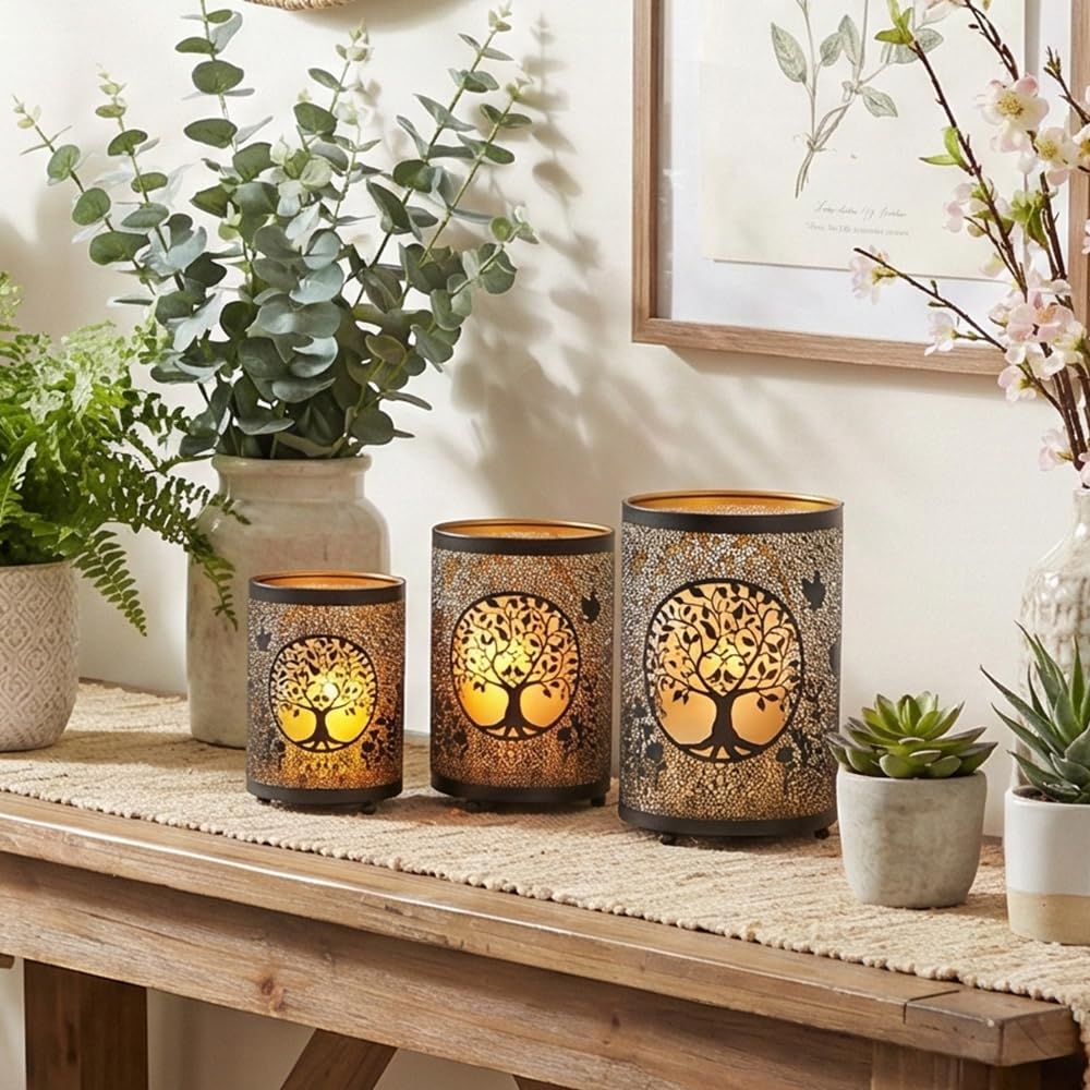 TRIROCKS Tree of Life Candle Lantern 7.5" H Etched Bronze Metal Candle Holder Decorations for Living Room Tabletop Parties Patio Entryway Indoors Outdoors(3PCS)
