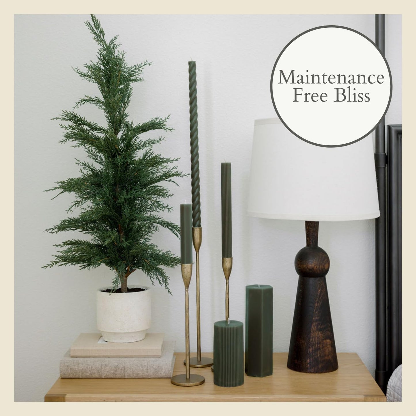 CG Hunter Holiday Collection, Set-of-2 Faux Evergreen Cedar Trees, Premium Artificial Indoor & Outdoor Cedar Tree Stands 24" Tall in Creme Pot–Perfect Christmas Decoration