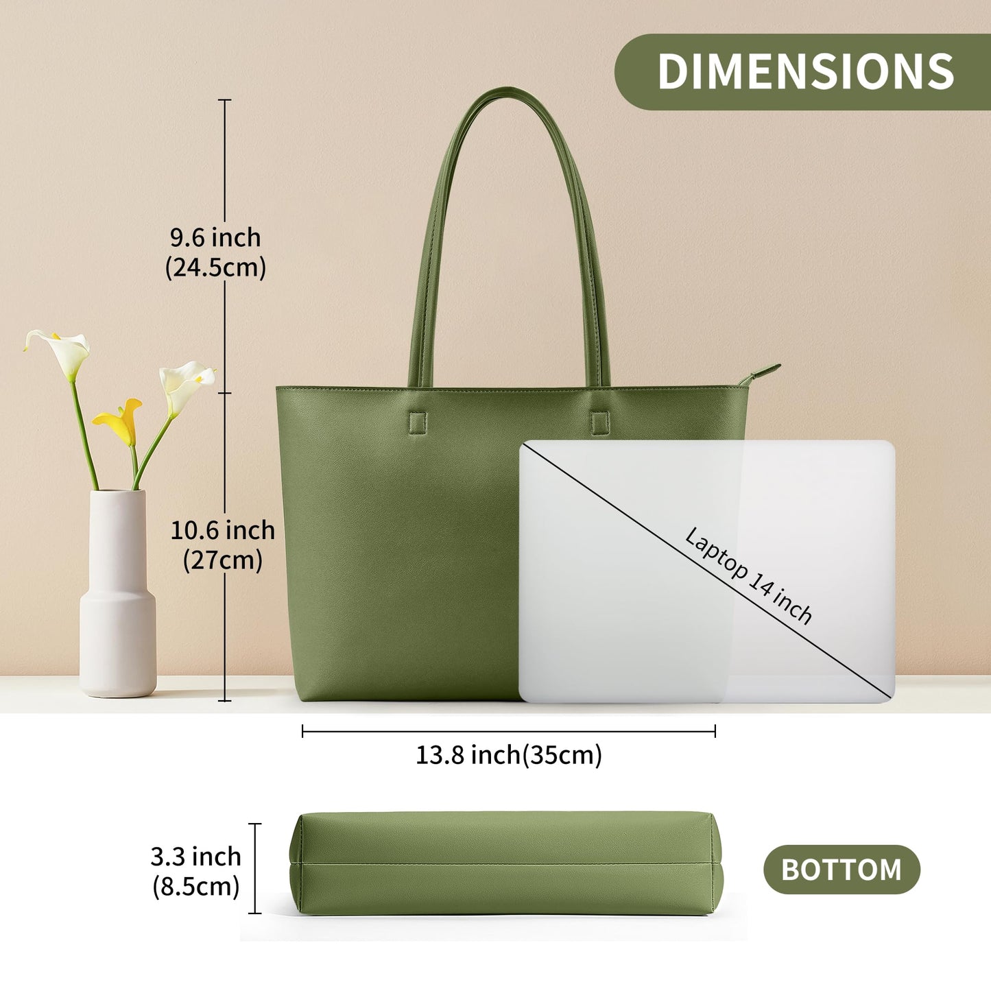 KALIDI Tote Bag Zipper Shoulder Bag Faux Leather Purses for Women Casual Handbag Work Dating College, Green