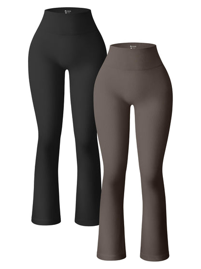 OQQ Women's 2 Piece Yoga Pants Ribbed Seamless Workout High Waist Bell Bottoms Flare Leggings