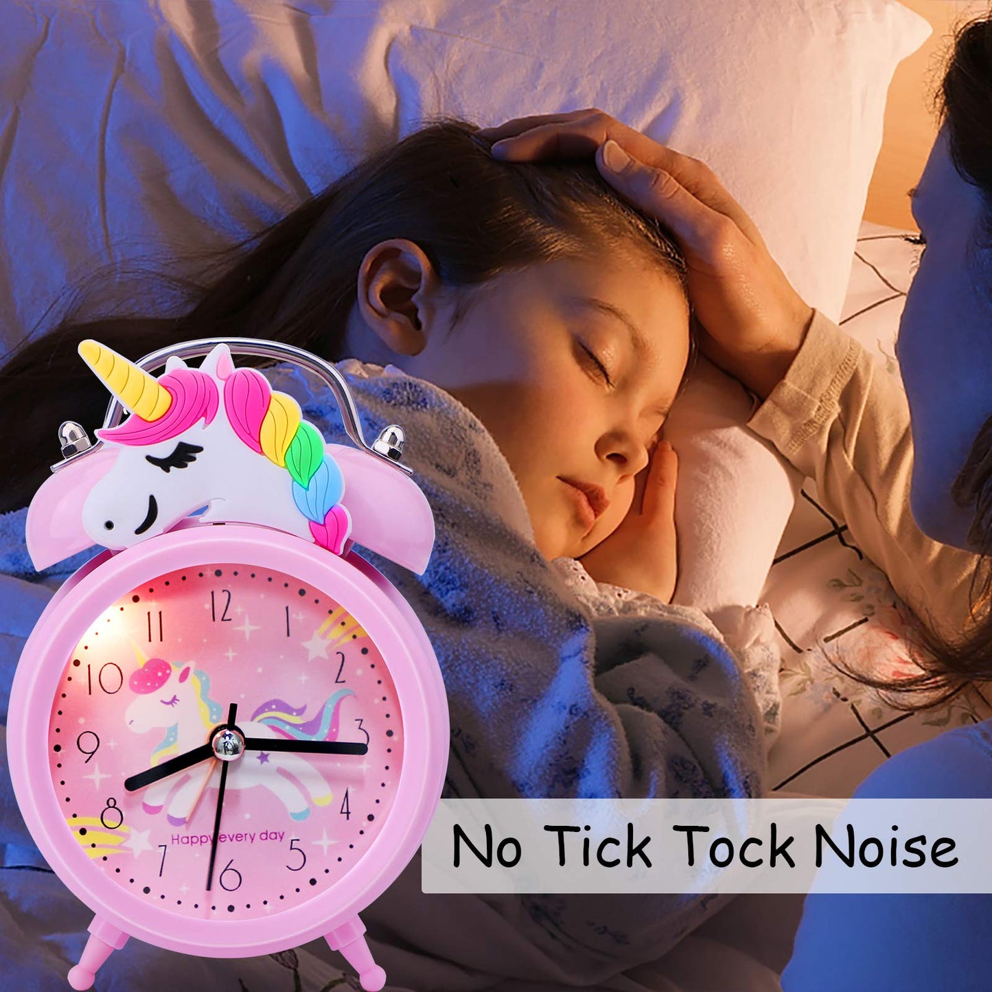 TCJJ Unicorn Alarm Clock for Girls Kids, Cute Bedroom Decoration, Non Ticking Silent Second Hand, w/Backlight Super Loud Twin Bell, for Kids Unicorn Gifts (Pink)