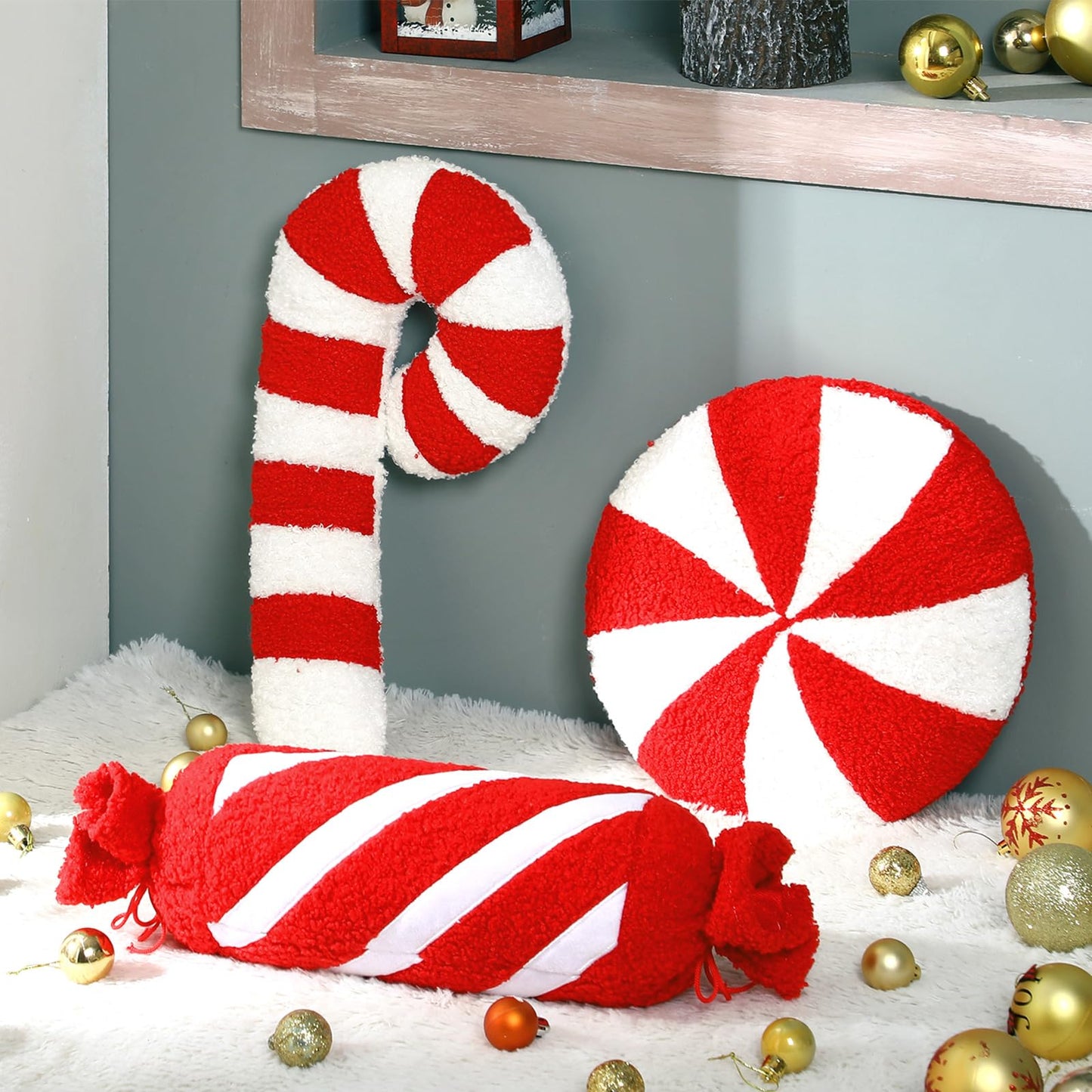 Anglechic 3 Pcs Christmas Pillows Decorative Throw Pillows Candy Merry Christmas Tree Stuffed Wool Soft Xmas Plush Cushion for Sofa Couch Bedroom Living Room(Red)