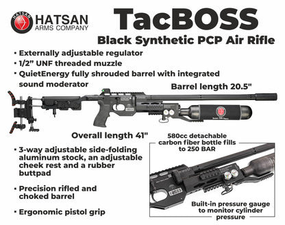 Hatsan TacBoss .25 Cal 905 FPS 37 FPE 14-Shot PCP Black Air Rifle, Side-Lever Action, 580cc Air Cylinder, Dual Pressure Gauges, QE Technology w/ Wearable4U 150x .25cal Pellets & Scope w/Mounts Bundle