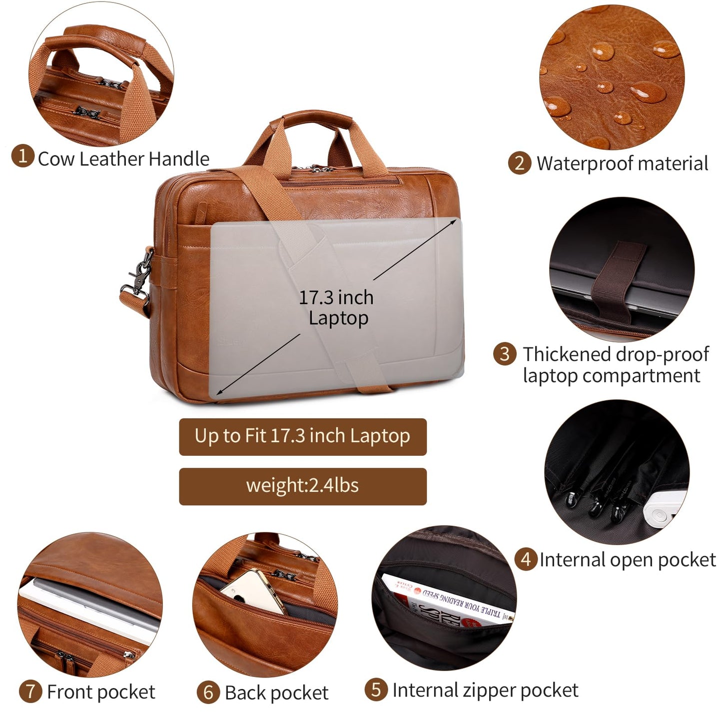 Faux Leather Messenger Bag for Men | 17-17.3 Inch Leather Mens Laptop Bag Leather Briefcasen Convertible Backpack 3 in 1 Computer Handbags Work Bag Shoulder Crossbody Bag Office | Vintage Brown