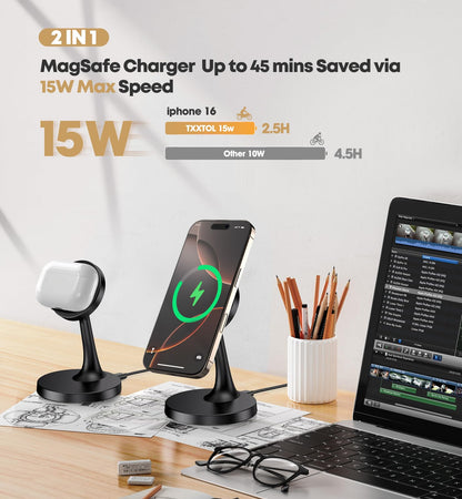 Magnetic Wireless Charger iPhone Stand 15W Fast Mag-Safe Charger for iPhone 16/16 Pro/16 Plus/16 Pro Max/15/14/13/12 Series Apple Magnet Wireless Charging Station/Pad for AirPods