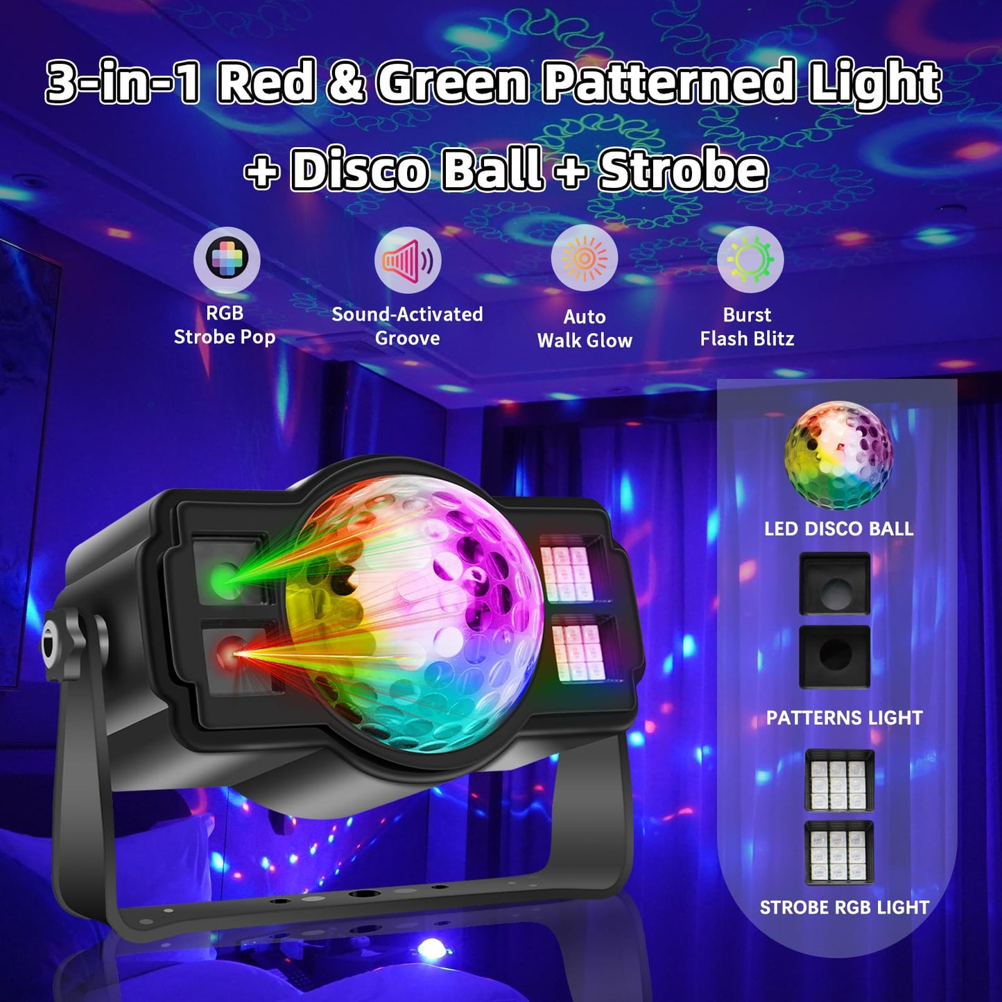 3-in-1 Disco Ball Party Lights, Sound Activated DJ Strobe Light with 60 Patterns, USB Powered Disco Light Projector for Room Decor, Glow Party Supplies, Birthday, Christmas, Halloween
