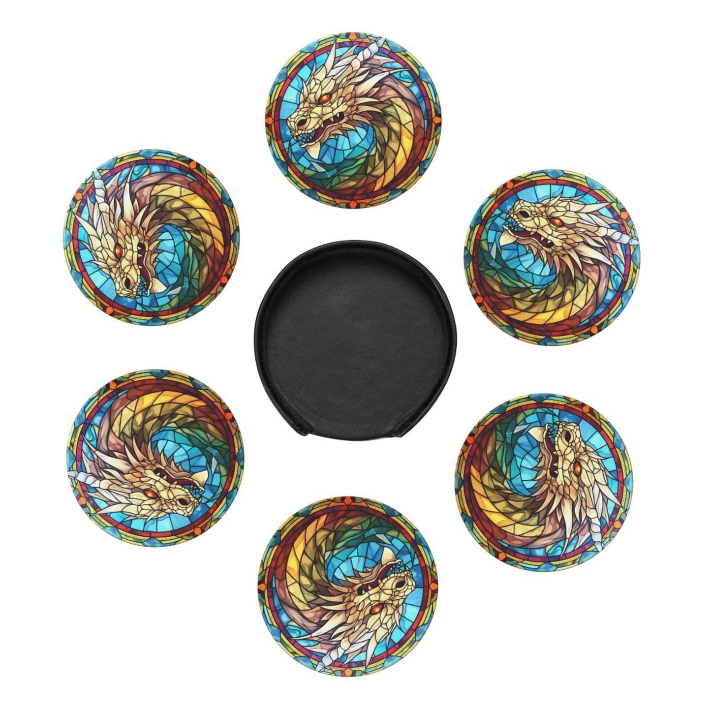 Dragon Drink Coaster Set of 6, Dragon Decor Gifts, Leather Drink Coasters with Holder, 6 Pack Cup/Bar/Drink Coasters for Table/Drinks/Coffee Protection Housewarming Gift (Dragon)