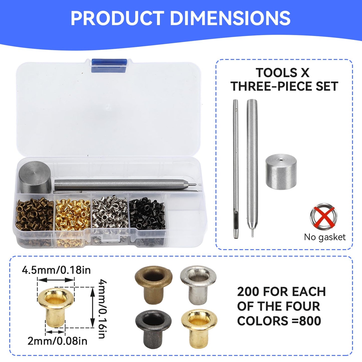 Mini Grommets, 2mm Plated Copper Metal Grommet Kit Eyelet Washers Fastener Set with Plastic Storage Box for Clothes Shoes Bag Paper Leather Crafts DIY Projects