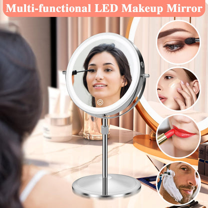 Lighted Makeup Mirror with Magnification, 10X 8’’Rechargeable Double Sided Vanity Mirror with Lights Magnifying Makeup Mirror with 3 Color Light with 360° Rotation, Detachable Base
