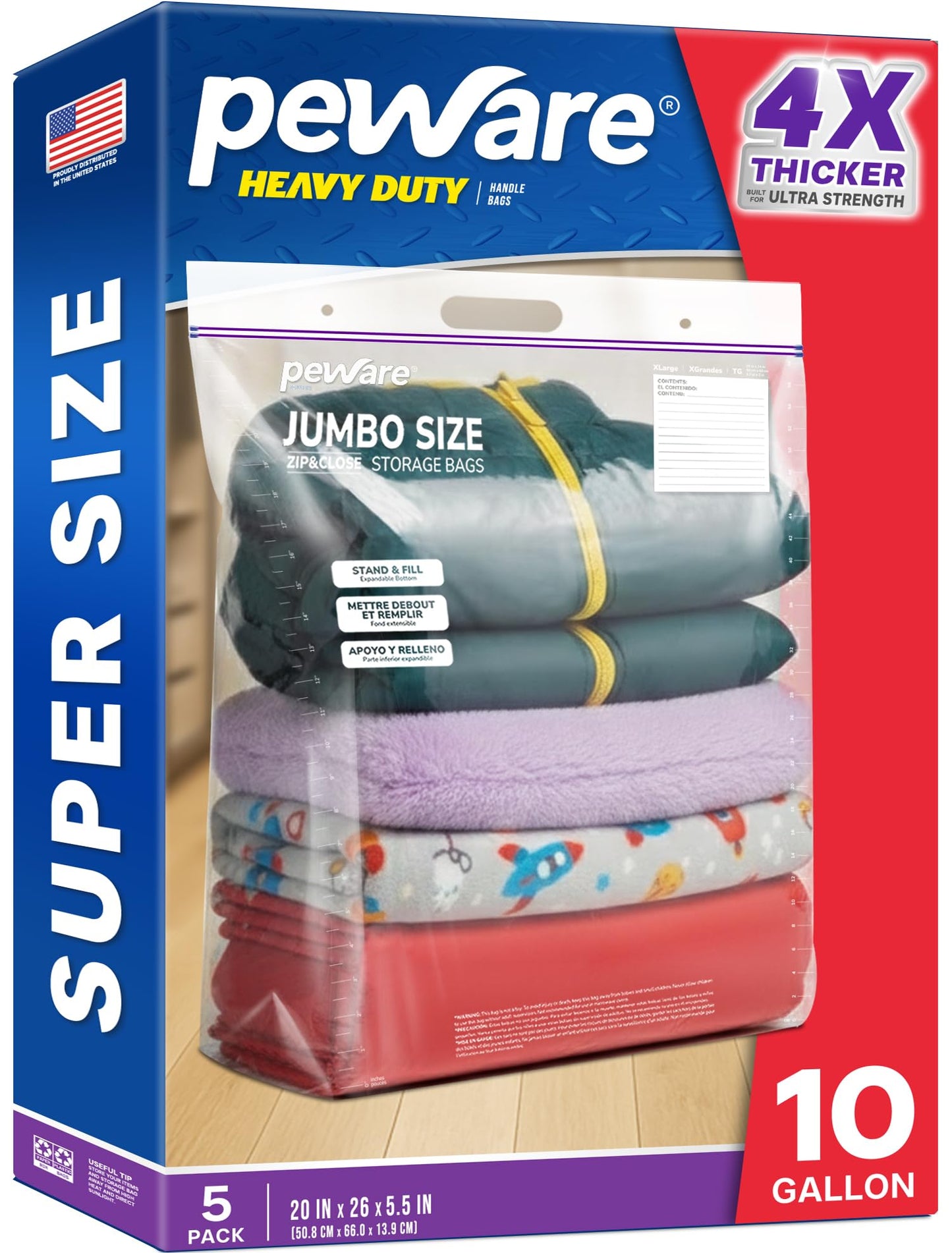 10 Gallon Heavy Duty Large Storage Bags with Handle, Big Zip Seal Top Bags, 6 Mil Extra Thick Clear Big Plastic Resealable Zip Poly Bags for Home Moving, Travel, Camping, 20" x 26", Pack 5