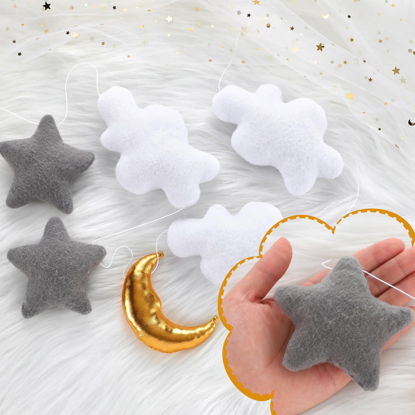 XunYee 5ft 3D Felt Cloud Decorations Hanging with Moon and Stars over The Moon Baby Shower Nursery Decor Cloud Wall Hanging Banner Garland for Wedding Gender Reveal Baby Shower Birthday Party