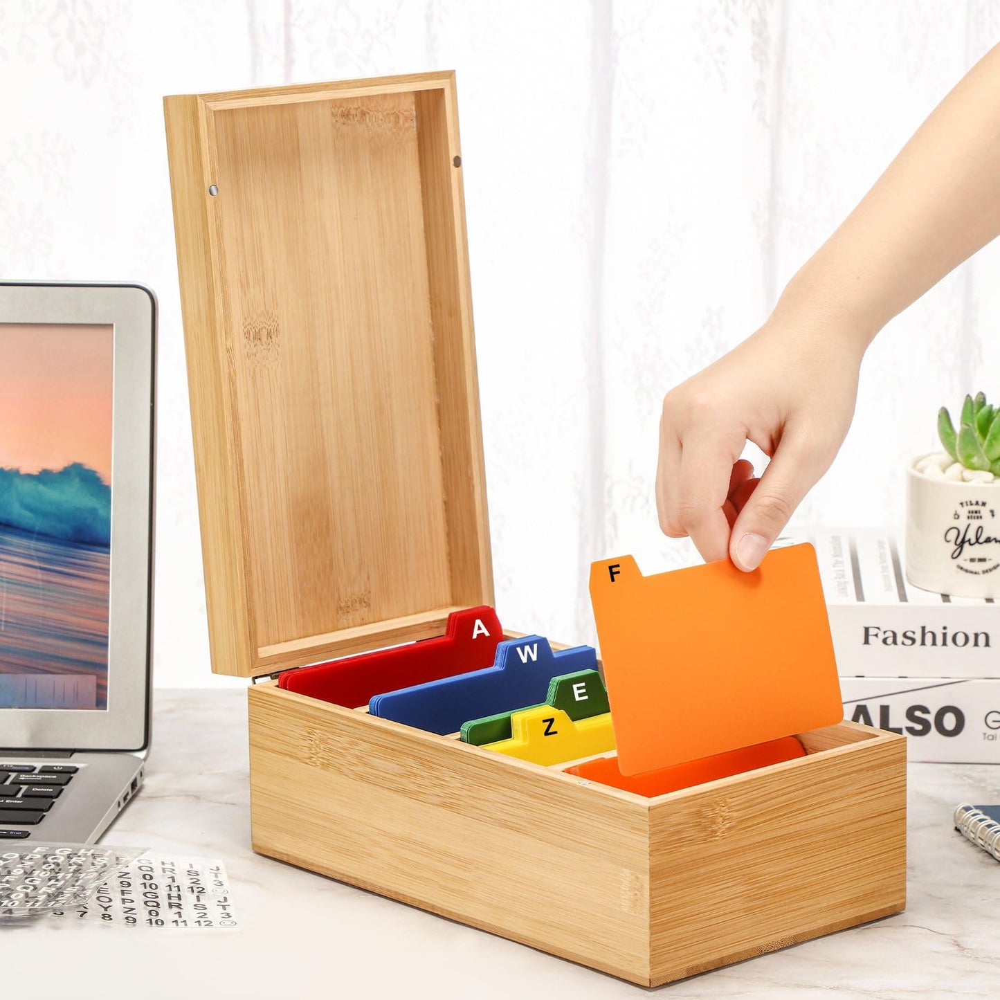 Henoyso 3 x 5 Inch Index Card Holder Set, Bamboo Organizer Box with 50 Dividers & 2 Sheets Alphabet Number Stickers File Note Holders, Holds 1200 Cards for Office Business Home Kitchen, Wooden Color