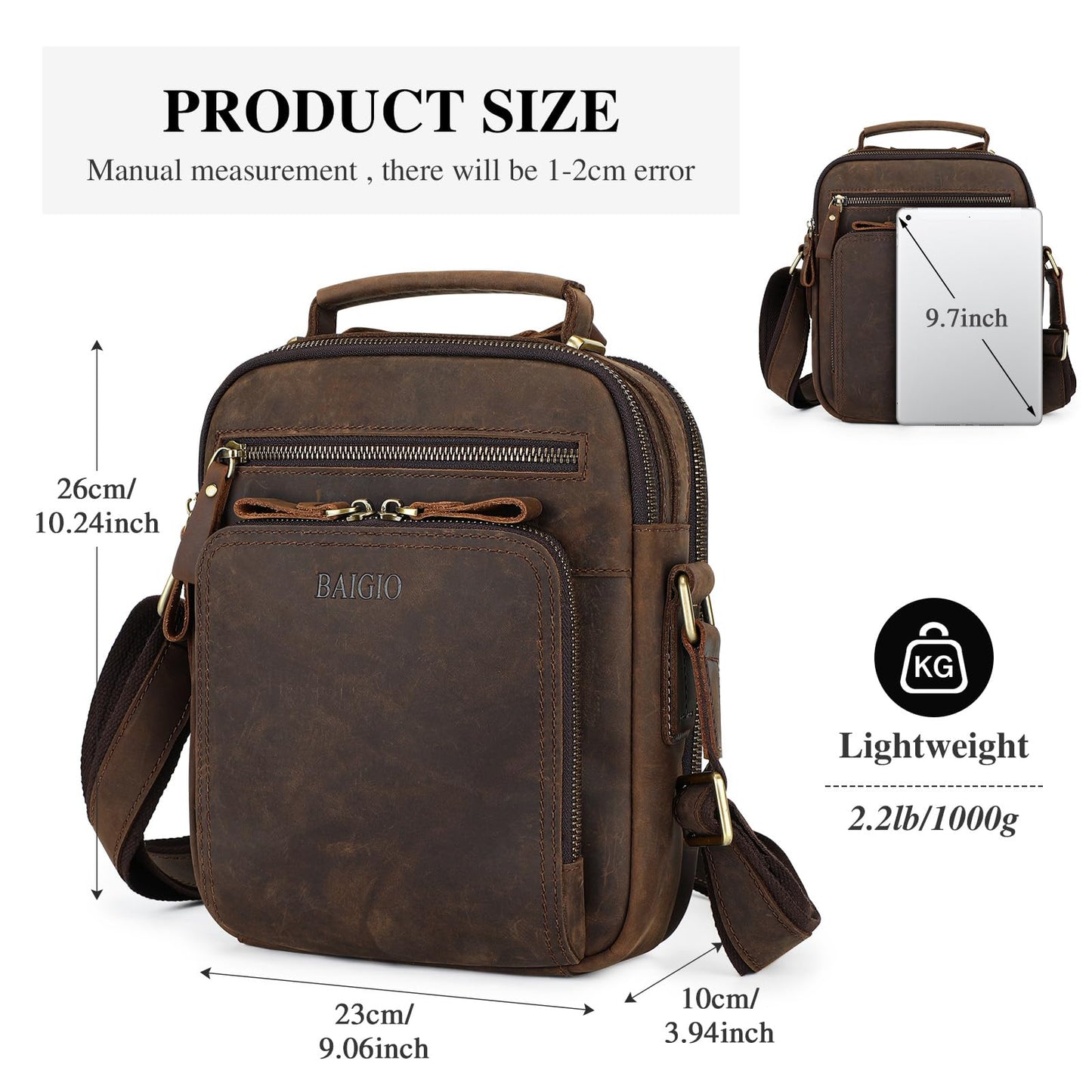 BAIGIO Genuine Leather Small Messenger Bag for Men Crossbody Shoulder Bag for Ipad Small Handbag Vintage Man Purse Daily Business(Dark Brown)