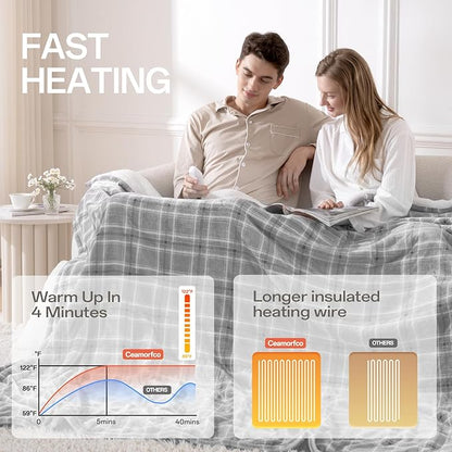 Heated Blanket Electric Throw, 50X60 Heating Throw with 8 Heating Levels & 8 Time Settings, Grey Plaid Washable Warm Soft Flannel Blanket Gift for Couch Bed Office, ETL Certified