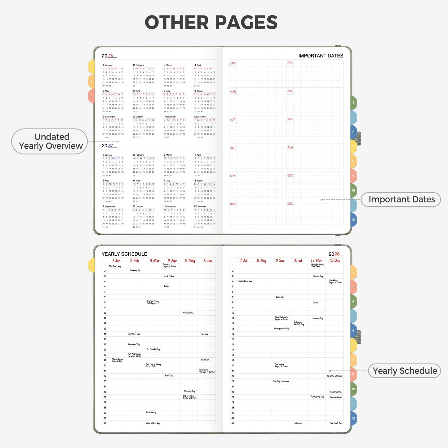 LOAPEM Daily Planner Undated, Appointment Book for Hourly, Daily and Monthly, 365 Days, One Page a Day, Medium Size (5.7" x 8.3"), Leather Hardcover, 12 Self-adhesive Monthly Tabs (Light Green)