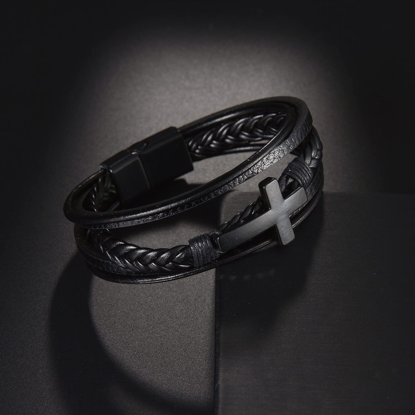 Arcutina Men's Black Leather Multi-Strand Bracelet Casual Brown Braided Bracelet (Multi-layer with Cross, Length 7.5'')
