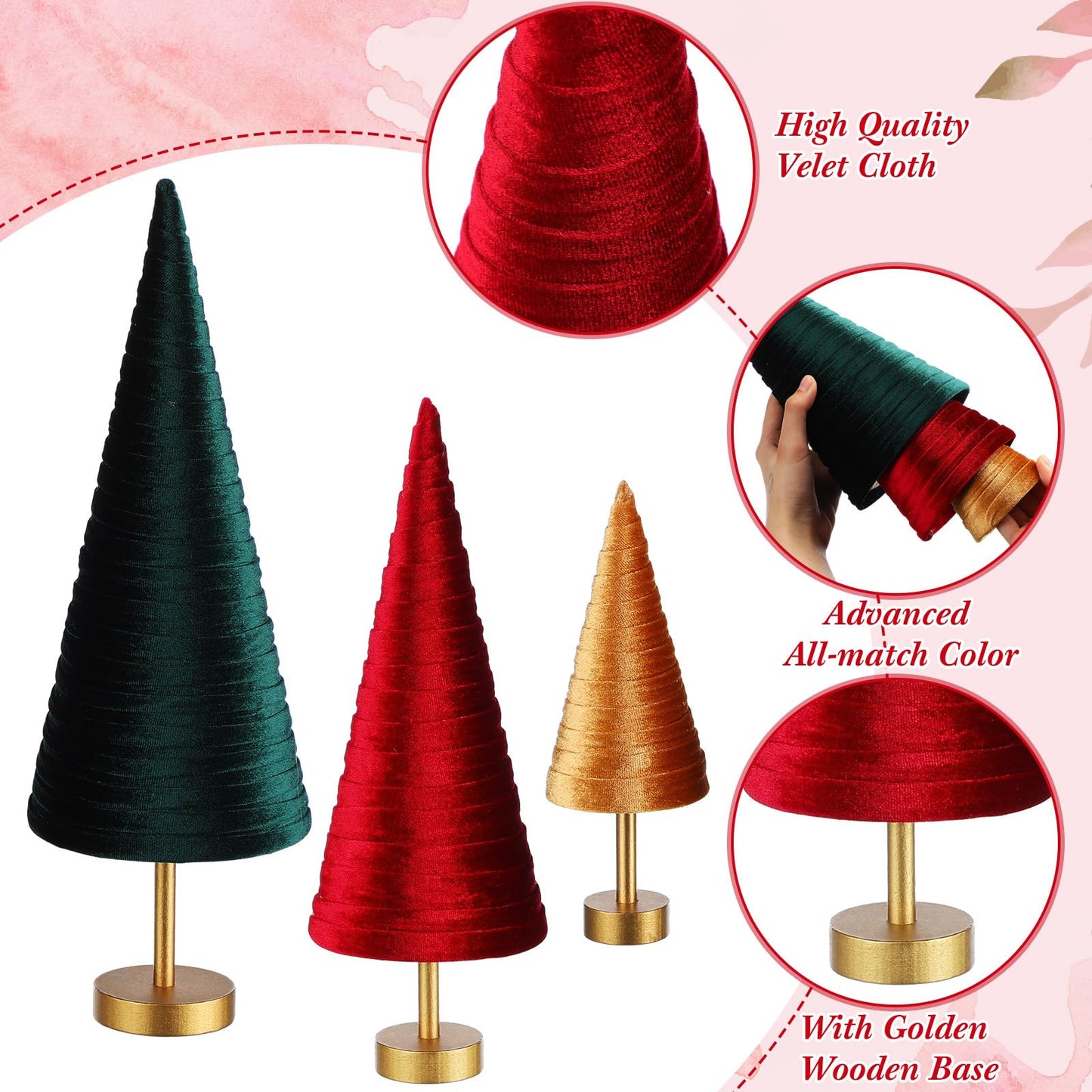 Hoolerry 6 Pcs Christmas Velvet Trees with Gold Pedestal Christmas Velvet Cones Tree Mantel Decor Modern Rustic Winter Home Minimalist for Holiday Entryway Table Wedding Centerpiece(Xmas)