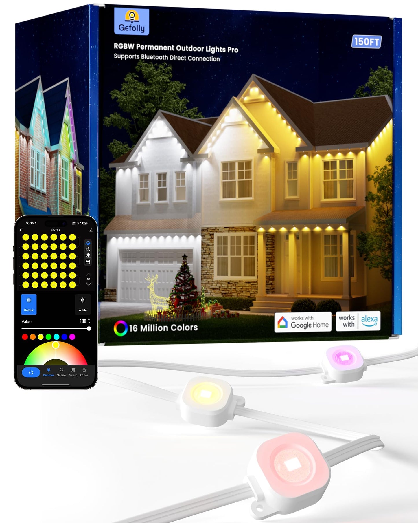 Gefolly Permanent Outdoor Lights Pro, 150ft with 90 RGBW Double-LED Lights 111 Scene Modes for Daily, Halloween, Christmas, IP67 Waterproof for Outdoor Decor, Works with Alexa, Google Assistant, White