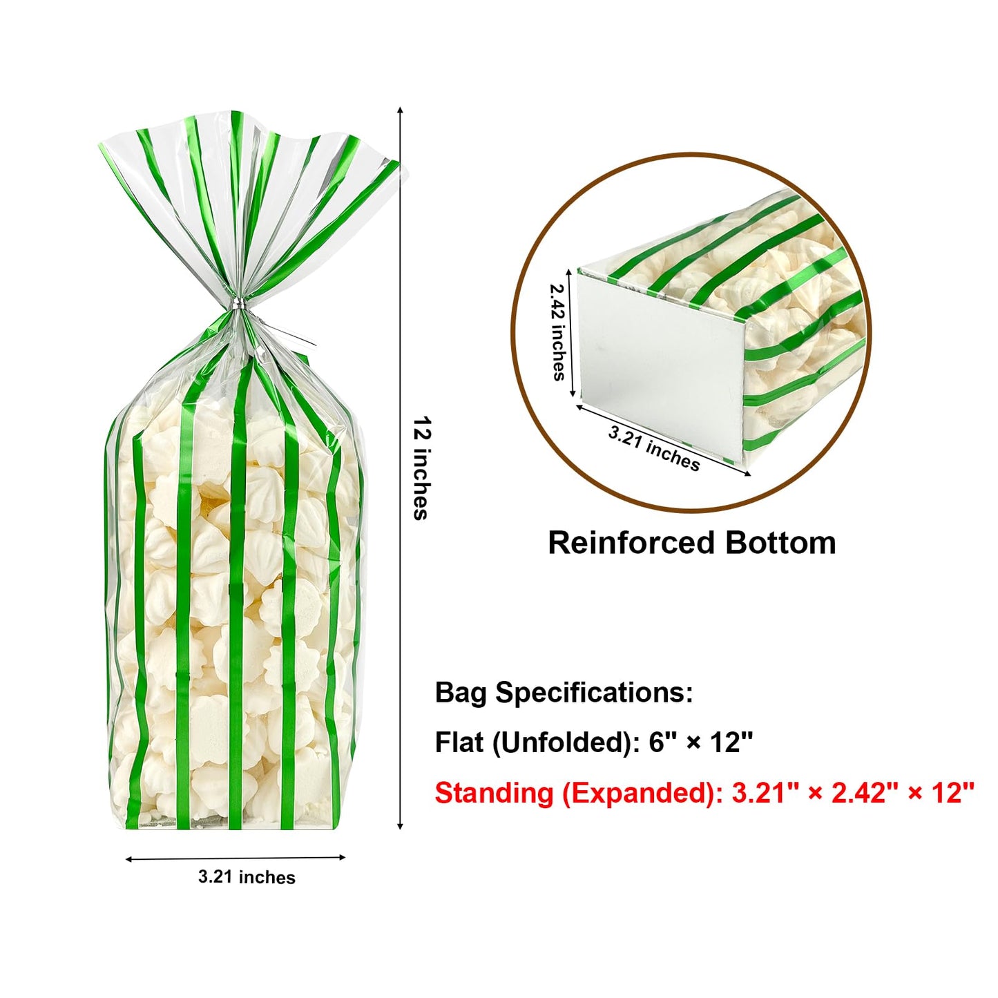 EKAPACKAGING 25 Pcs 3.21x2.42x12in Flat Bottom Cellophane Bags (6x12in Flat Size), Foil Green Stripe Treat Bags with Ties, Heat Sealable Clear Cello Bags for Cookies