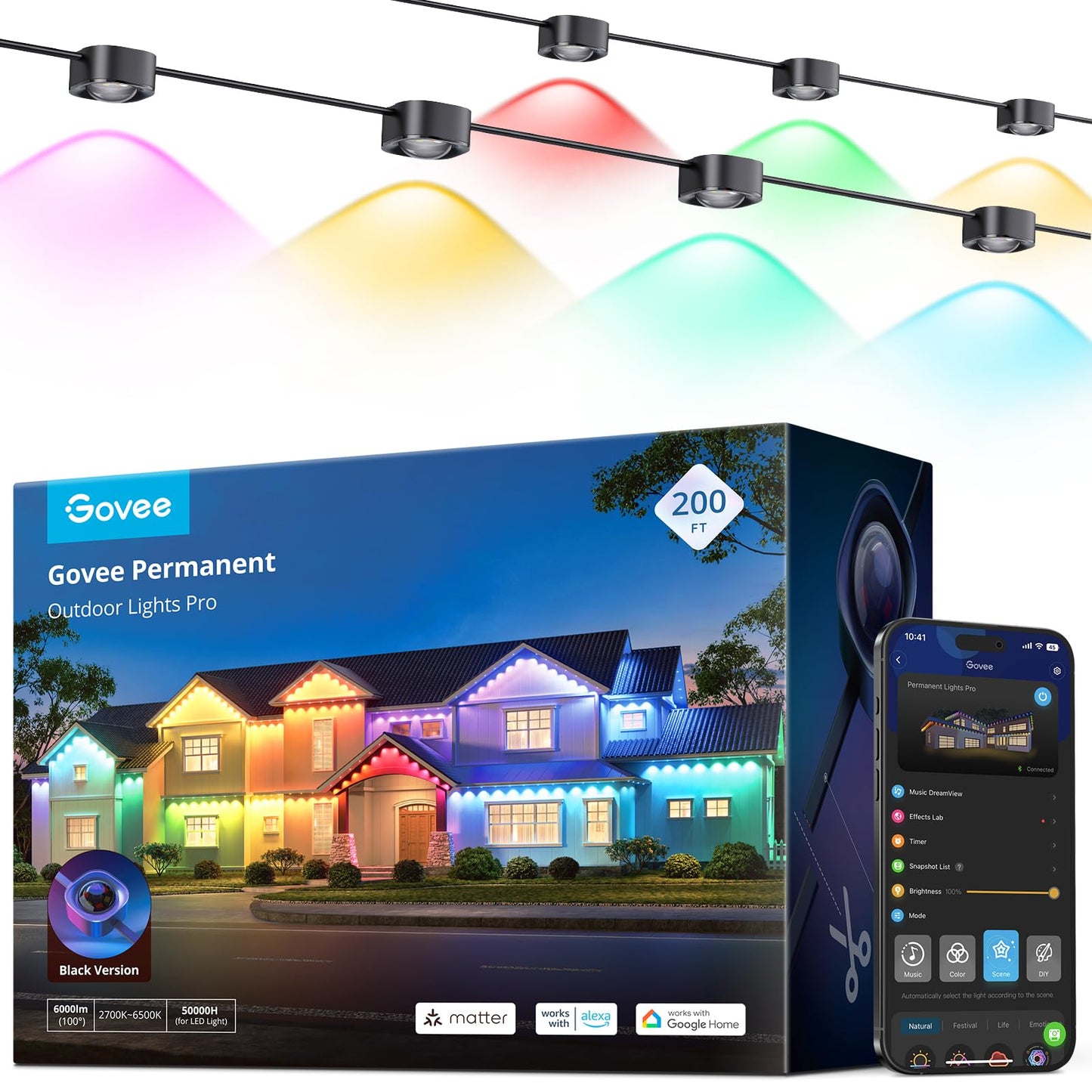 Govee Permanent Outdoor Lights Pro, 200ft with 120 RGBIC LED Lights for Daily and Accent Lighting, 75 Scene Modes for Patio Decor, IP67 Waterproof, Works with Alexa, Google Assistant, Matter, Black