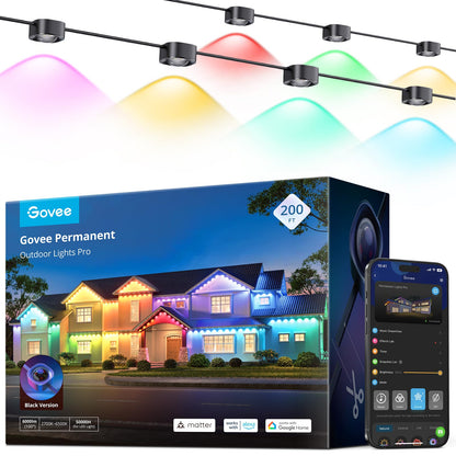 Govee Permanent Outdoor Lights Pro, 200ft with 120 RGBIC LED Lights for Daily and Accent Lighting, 75 Scene Modes for Patio Decor, IP67 Waterproof, Works with Alexa, Google Assistant, Matter, Black