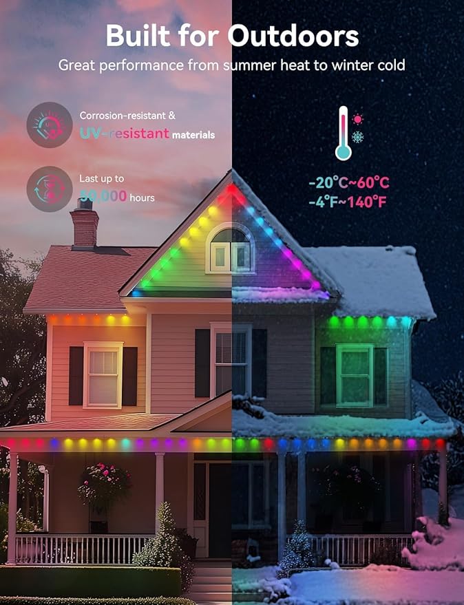 Permanent Outdoor Lights for House, 120ft with 88 Smart IC+RGBCW LED Lights, IP67 Waterproof Eaves Light for Daily Christmas Decorations, Work with Remote, APP, Alexa, White