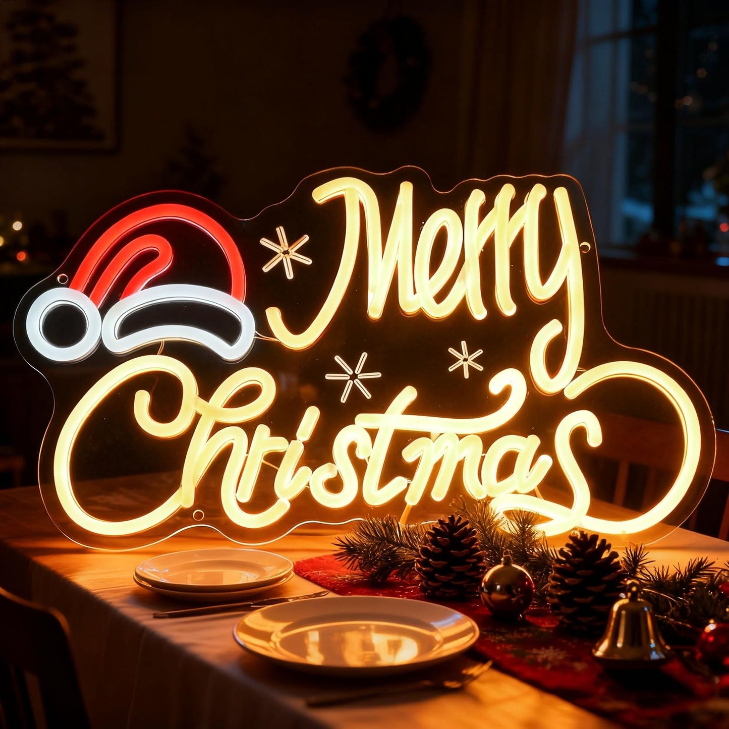 Neon Sign with Santa Hat, 16x9 In Xmas Led Neon Sign USB Powered Merry Christmas Neon Light Up Sign for Home Wall Decor Kids New Year Party Backdrop