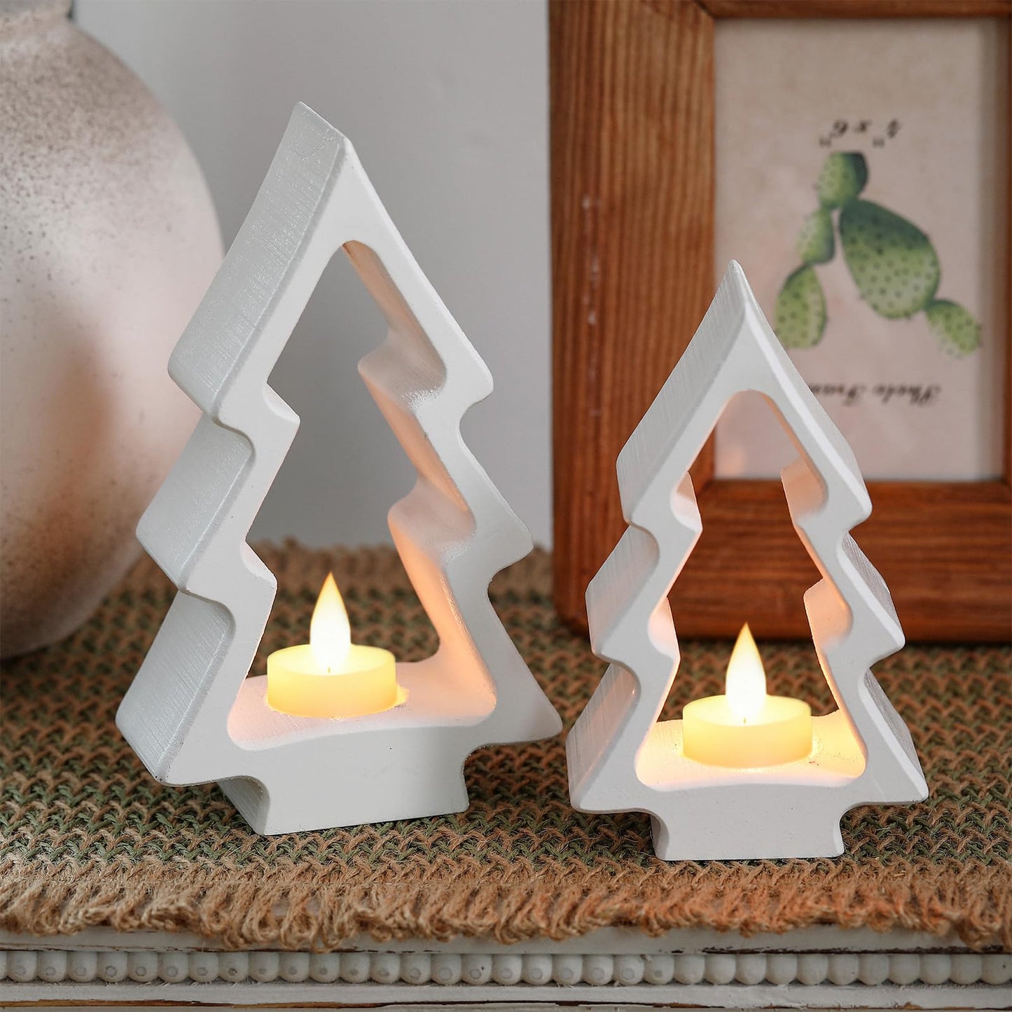 AceOrbit 2 Pcs Christmas Tree Candle Holders White Wooden Tealight Holders Wooden Farmhouse Rustic Candle Stick Xmas for Christmas Table Centerpiece Mantel Decor