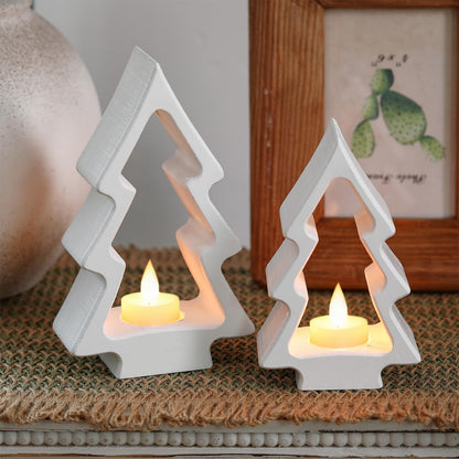 AceOrbit 2 Pcs Christmas Tree Candle Holders White Wooden Tealight Holders Wooden Farmhouse Rustic Candle Stick Xmas for Christmas Table Centerpiece Mantel Decor