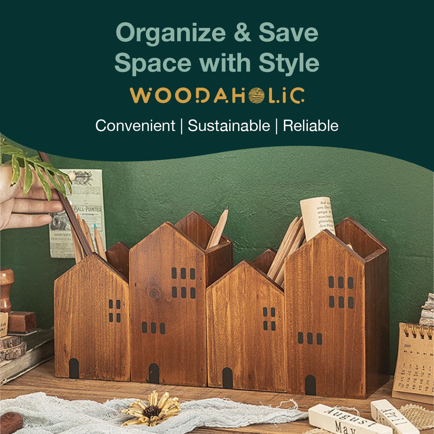 Woodaholic 4-piece Kids Wooden Study Desk Organizers - Whimsical Farmhouse Style Table Decor Storage Box for Teacher Supplies - Girls Room Pencil Holder for Desk - Art & Stationery Supplies Organizer