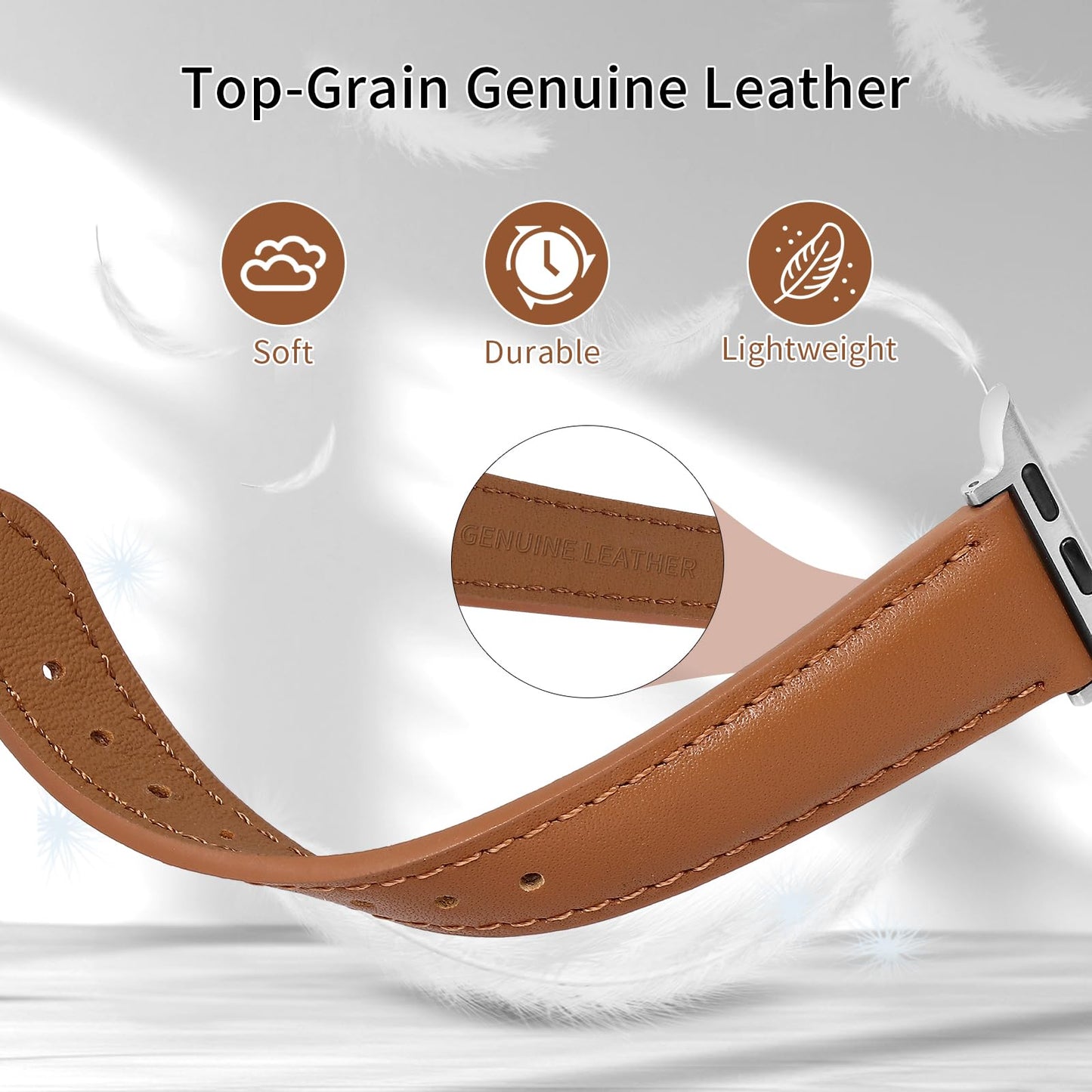 Women Slim French Full Grain Leather Band Compatible with Apple Watch 40/41/42/38mm, Lightweight Breathable iWatch Straps for Series 11 10 9 8 7 6 5 4 SE 3 2 1, Brown