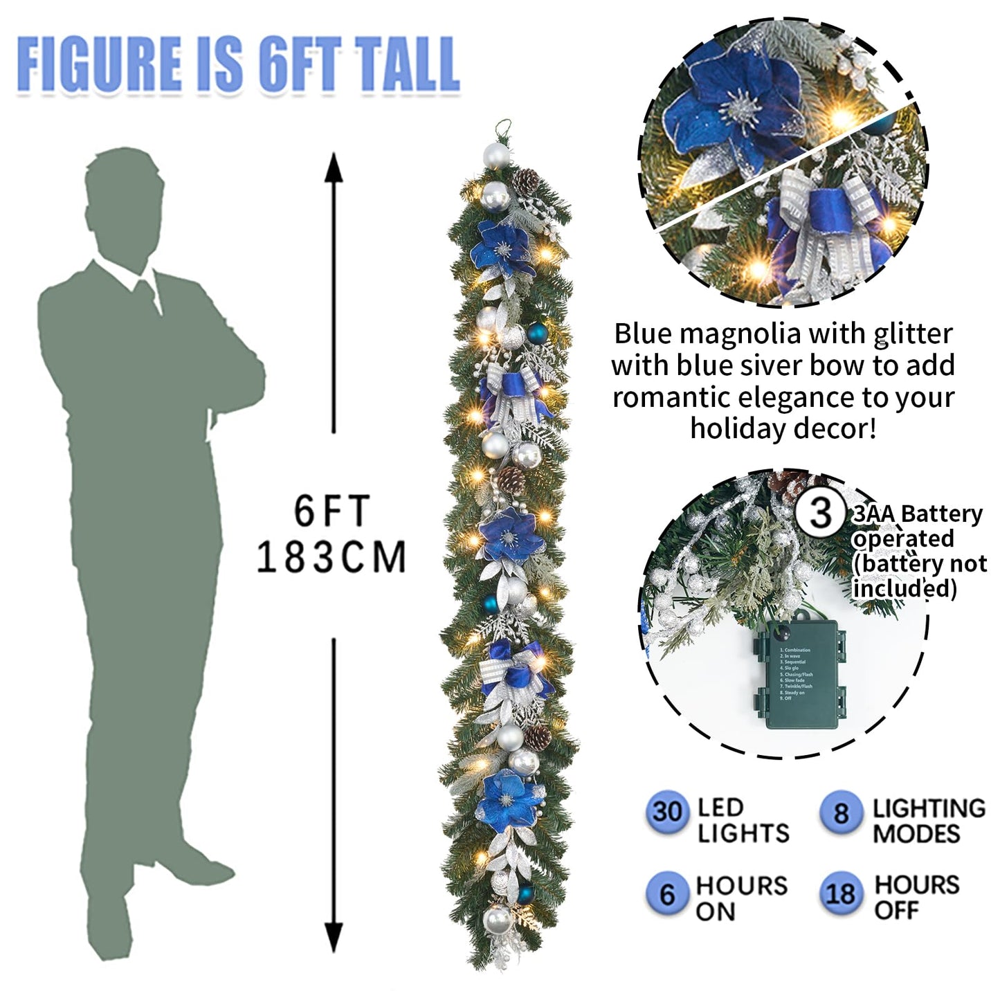6ft Blue Silver Christmas Garland with Lights for Front Door,Lighted Winter Mantle,Fireplace and Stairs Decor- 20 Timer LED,prelit Magnolia Garland with Sparkle Ornament,Blue Floral Decor