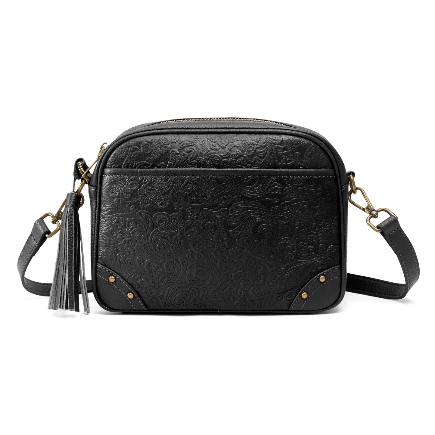 befen Black Crossbody Purses for Women Embossed Genuine Leather Small Handbag with RFID Blocking Anti-Theft Cross Body Bags for Daily Travel