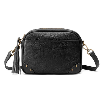 befen Black Crossbody Purses for Women Embossed Genuine Leather Small Handbag with RFID Blocking Anti-Theft Cross Body Bags for Daily Travel